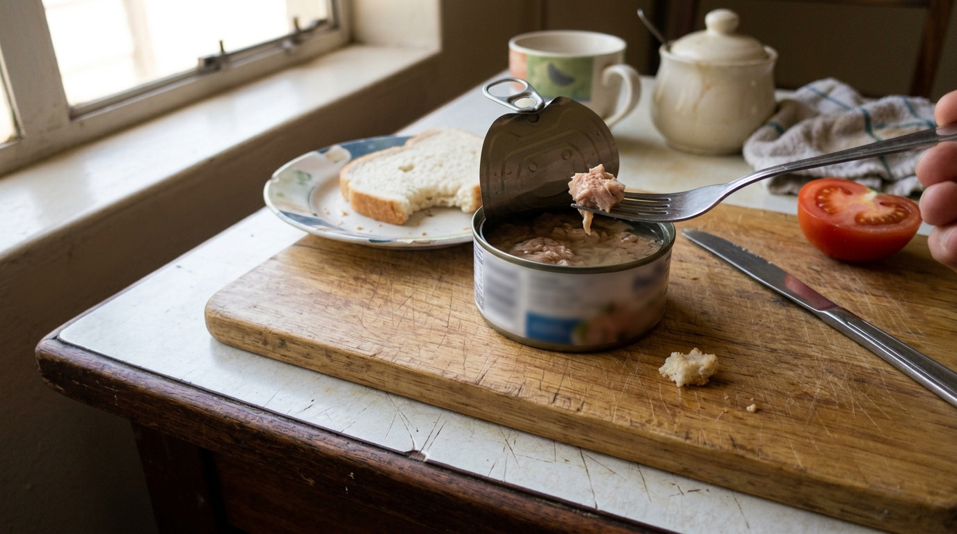 Pilchards-style canned fish in a home kitchen context.