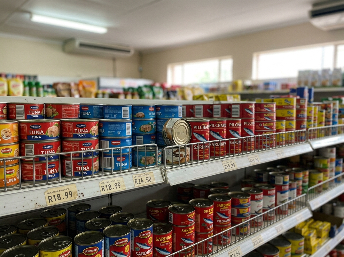 Retail shelf with canned fish.